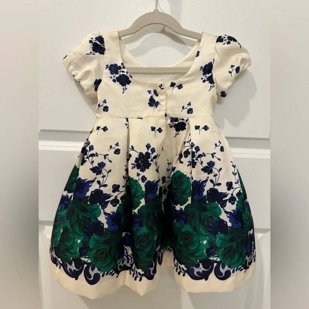 Janie & Jack Ivory Blue & Green Floral Special Occasion Dress | Size 18 - 24 Mon